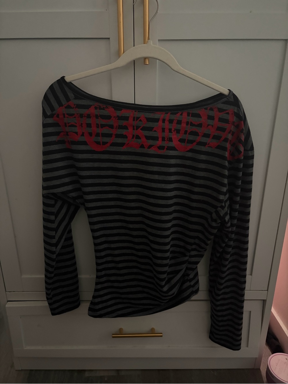 Striped Black & Gray Long-Sleeve Top with Red Script